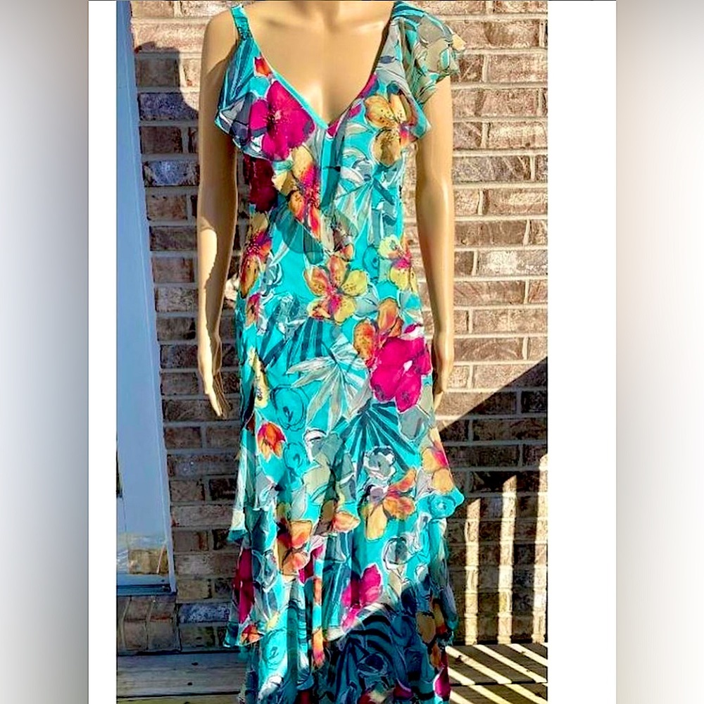 Y2K Turquoise Beaded Tropical Floral Ruffle Prom Dress Gown